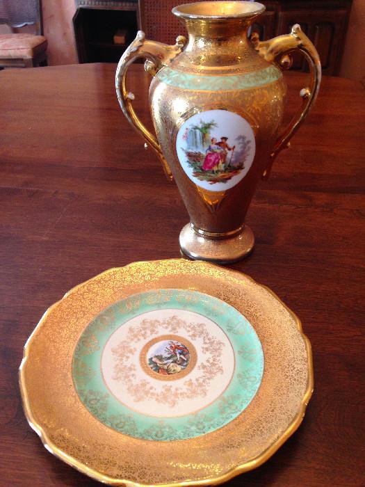 Gold accented Japanese porcelain urn, LeMieux plate

