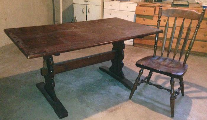 Antique solid wood table with six chairs