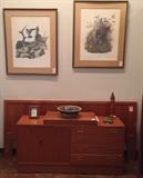 Teak king size headboard with matching dresser, art