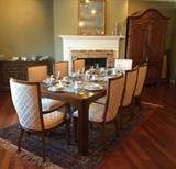 Albright & Zimmerman glass and wood dining set with 8 upholstered chairs in pristine condition!