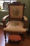 Eastlake needlepoint chair and tiny footstool