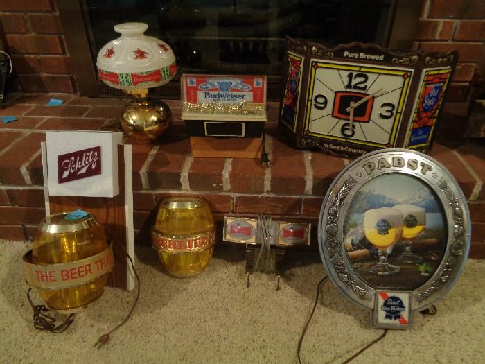 Vintage beer signs.  All work.  The small Budweiser with Clydesdales is a digital clock.  Also available -- 2 mirrors -- one Michelob and one Budweiser