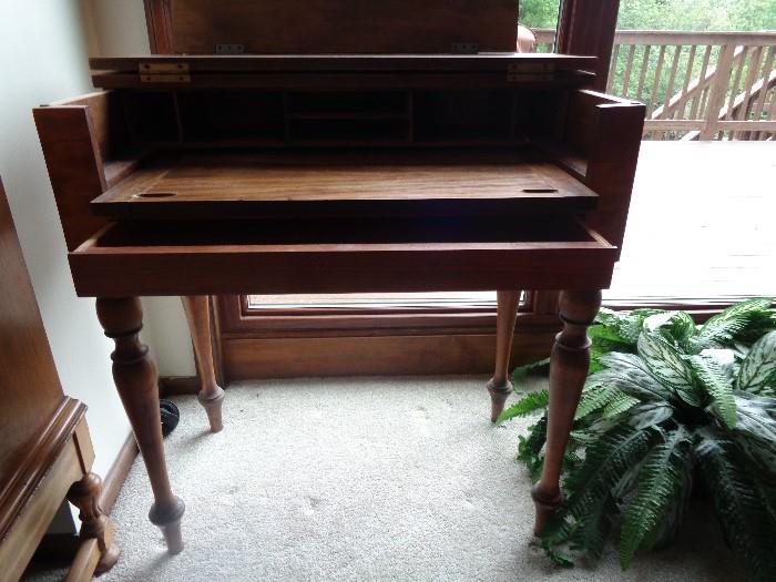 Antique maple ladies' writing desk.  Top opens to writing surface -- one narrow drawer.