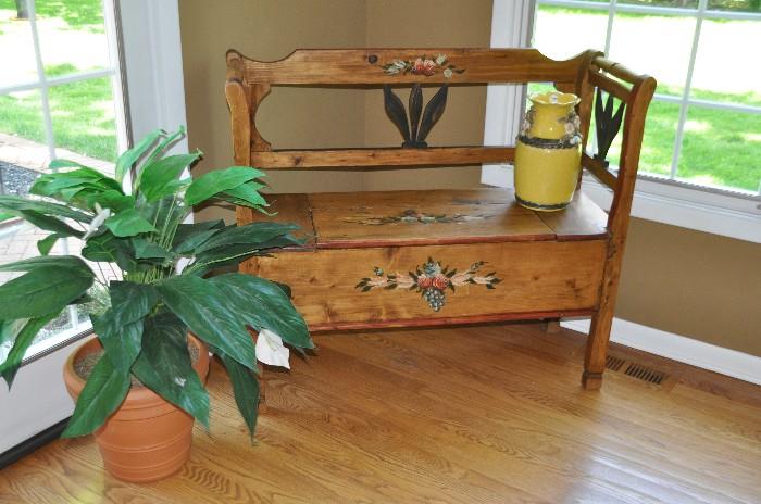 Antique hand painted wooden bench that opens for storage