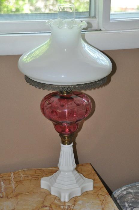 RARE cranberry glass and milk glass oil lamp!