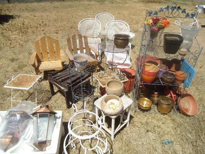 A selection of our outdoor items- from yard lights to vintage garden furniture to brass to nice clay pots and LOADS of tools