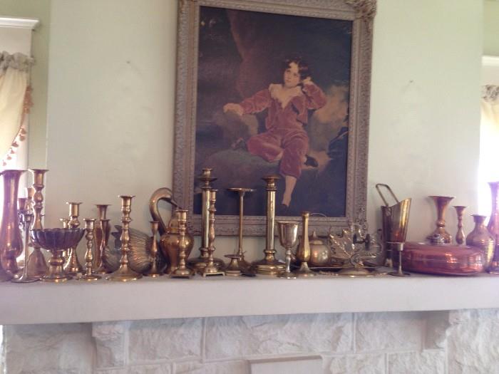 Approximately 100 pieces of brass including fireplace set and bumper, some copper