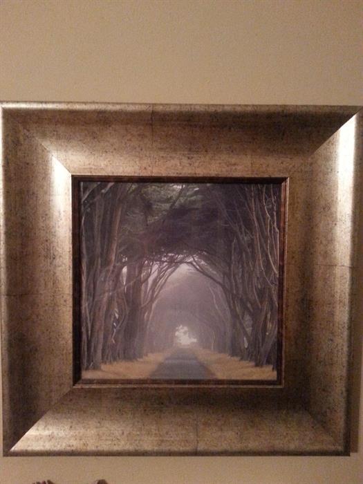 Photo print framed in iridescent gold Green frame.  Photo of old growth forezt.  Colors are forest green.