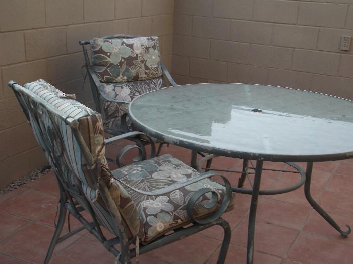 PATIO SET, INCLUDING SEVEN CHAIRS AND LOVELY CUSHIONS. 