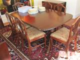 Duncan Phyfe Brass Hardware, Dining Room Table, 3 Leaf''s, Gear-Driven, The Watertown Slide" Watertown, Wisconsin - Watertown Table Slide Corp
66X44X30 + three 12" leafs
6 Upholstered Shield Back Chairs