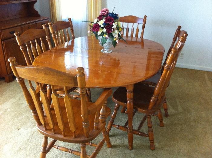 Vintage hard rock maple dining room group--table with leaves, 6 chairs and open china hutch, all in excellent condition.