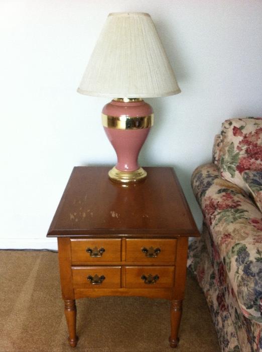 Vintage living room--hard rock maple end tables, coffee table, lamp table, lamps, wall décor, floral sofa bed, matching chair, La-Z-boy recliner.