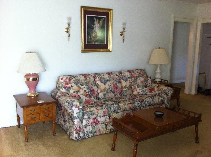 Vintage living room--hard rock maple end tables, coffee table, lamp table, lamps, wall décor, floral sofa bed, matching chair, La-Z-boy recliner.