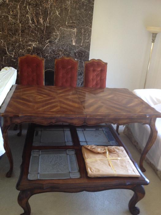 vintage table and chairs, coffee table with stained glass