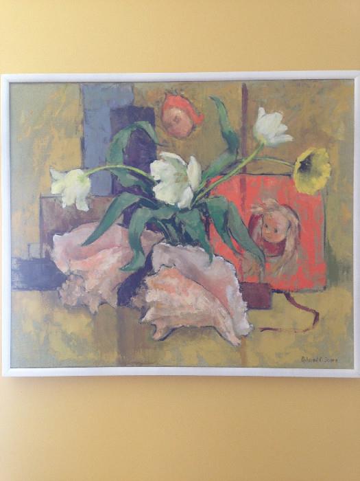 Listed Artist Mildred C. Jones (American 1889-1991) Oil On Canvas, Signed Still Life with Shells and Poppies