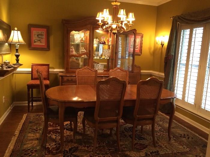 dining table with 6 chairs, china cabinet, lamp and art