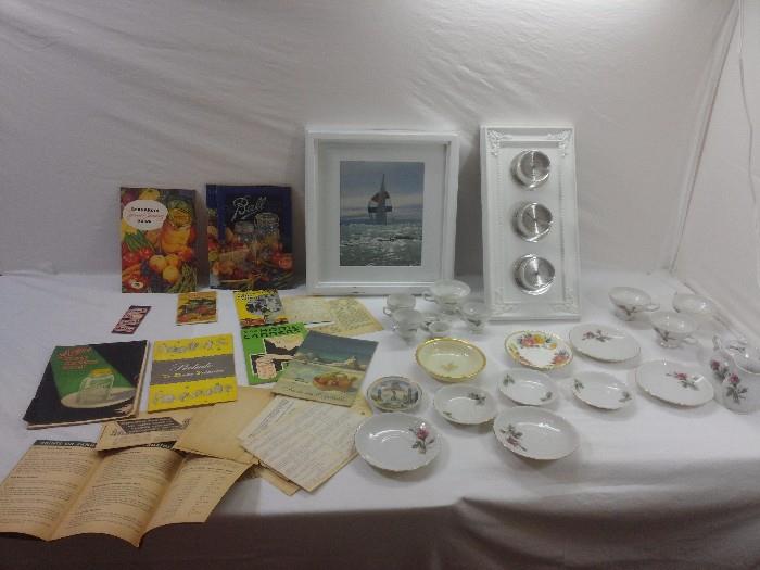 Mixed Lot Canning Ephemera Books Kerr Ball China Tea Set + Wall Art Sailing Ship & Barometer 