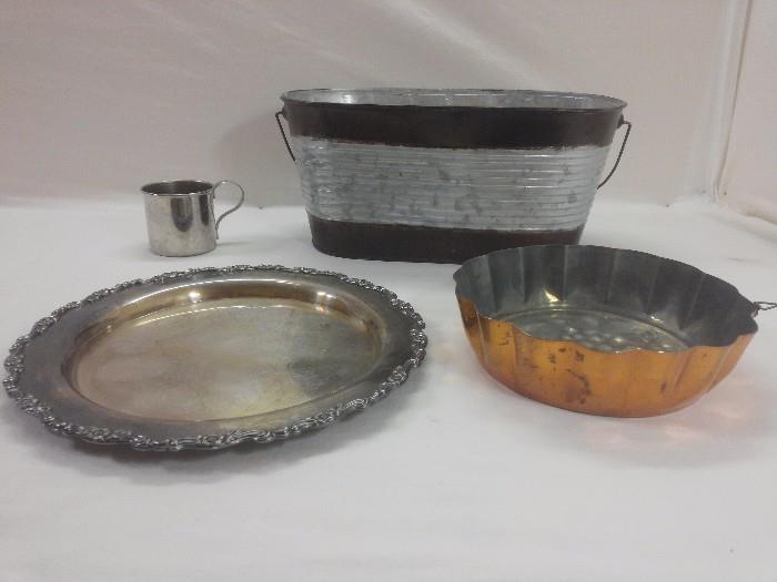 Mixed Tin / Copper Bucket Tray Cup Silver Plate mix Lot