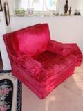 Vintage Red Velor Easy Chair with ottoman