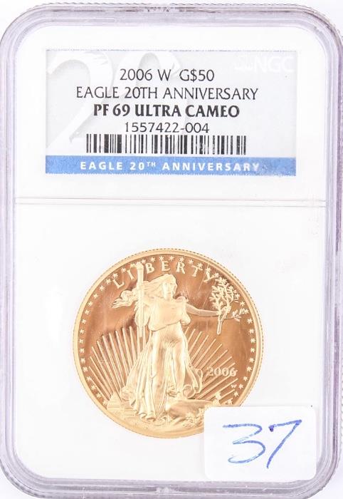 Lot #9, 
Coin 2006-W $50 Gold Eagle 20th Ann PF69 Ultra Cam
 A stunning very scarce 2006 West Point minted 20th Anniversary $50 American Eagle Gold Coin. Only 47,092 total coins were minted and even fewer now remain available to the public! The 20th Anniversary Gold Eagle was offered by the U.S. Mint in 2006 to celebrate the important milestone for the series. The specifics for the coin are: 2006-W $50 gold coin that is made of 91.67% Gold, 3% Silver and 5.33% Copper; with a total of 1.0000 troy ounce (33.931g) of gold; graded by NGC as “PF 69 Ultra Cameo” condition.