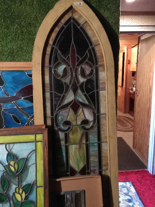 2 identical vintage arched framed stained glass windows