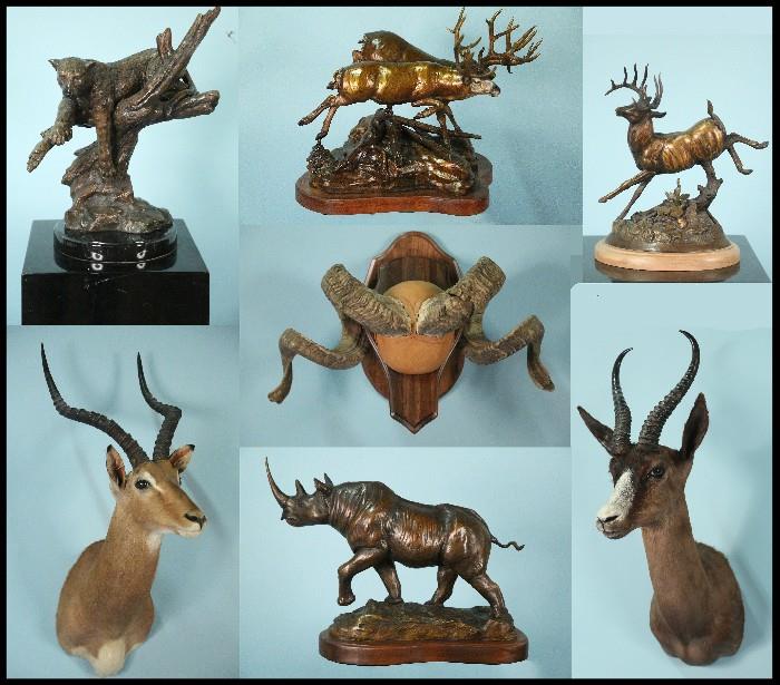 Mounted animal heads and bronze animal sculpture