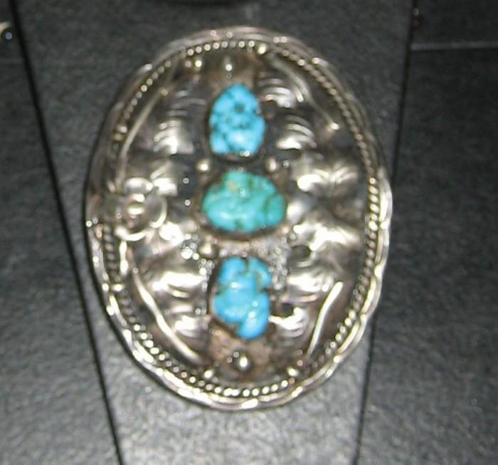 STERLING BELT BUCKLE WITH NATURAL TURQUOISE STONES