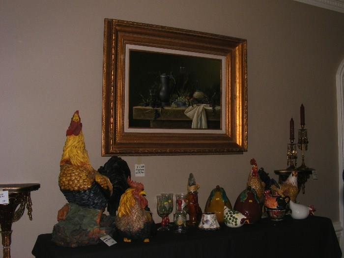 Rooster Collection. Framed, Signed Original Still Life Painting
