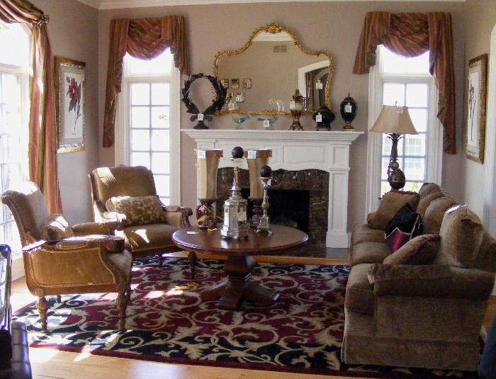 LR Sofa, Side Chairs, Round Coffee or Side Table, Wool Rug, Window Treatments, Home Décor. (Mirror NFS)