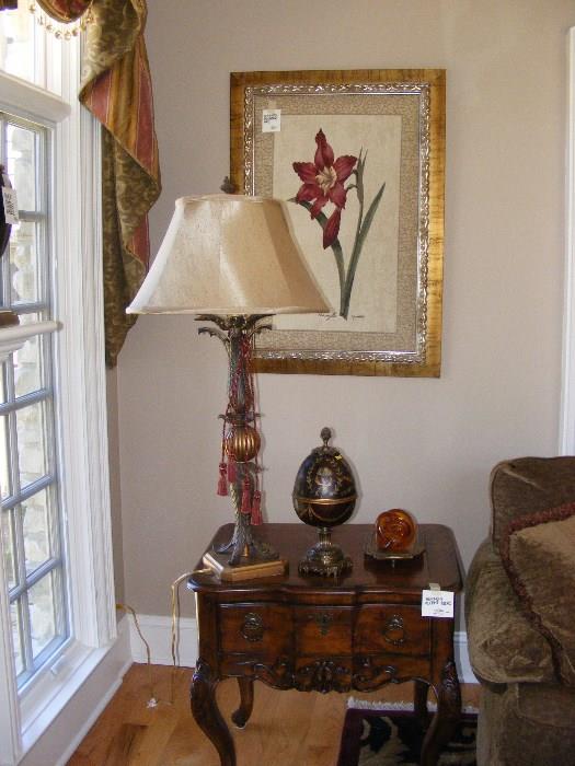 End Table, Lamp, Framed Fabric Floral