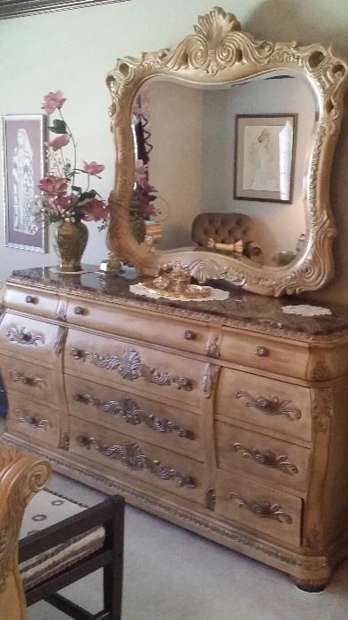 Master Bedroom Wide Dresser with Granite Top & Mirror...Stunning