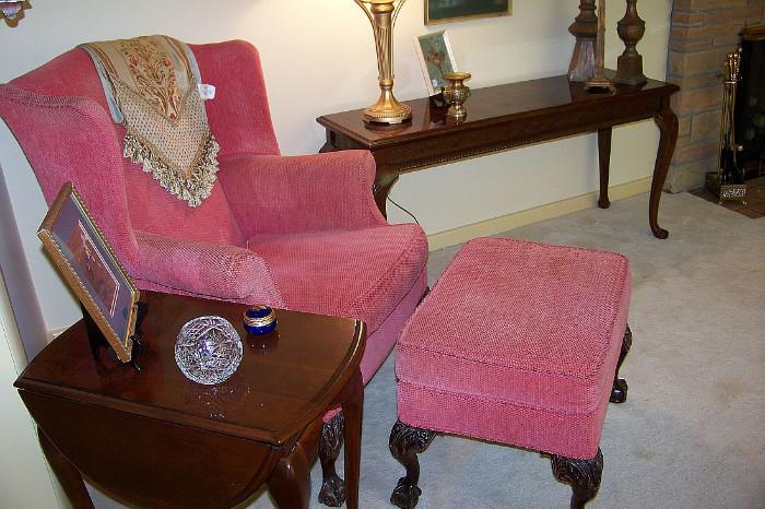 Pretty wing chair w/ottoman - chippendale ball and claw feet on both