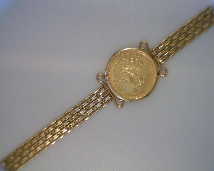 American $1.00 1857 gold piece in a 14K mesh bracelet