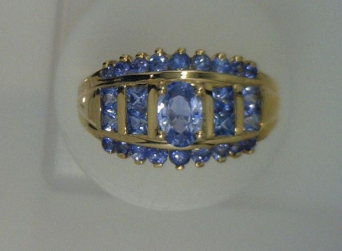 14K yellow gold ring with 3 rows of Tanzanite stones, gorgeous!