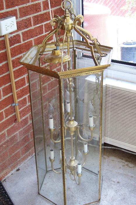 Outstanding large brass and glass chandelier - perfect for front porch or tall entry hall
