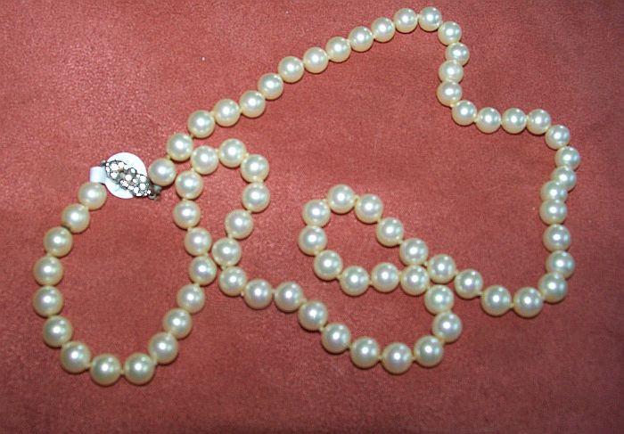 Pearls with a sterling clasp and tiny rhinestones