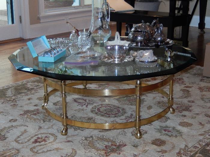 BRASS AND GLASS COFFEE TABLE W/SWAN HEADS