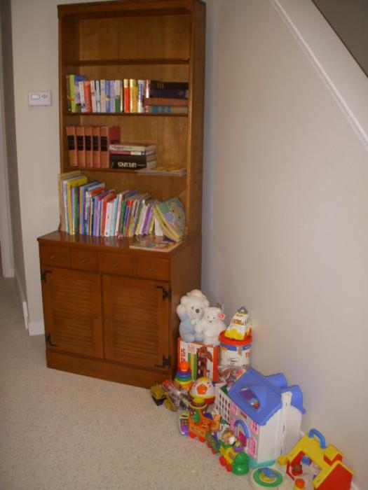 Maple bookcase, toys, children's books
