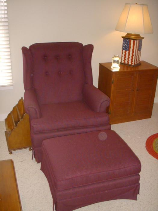 Comfy chair & ottoman, with "Early American cabinet, magazine rack, and patriotic table lamp