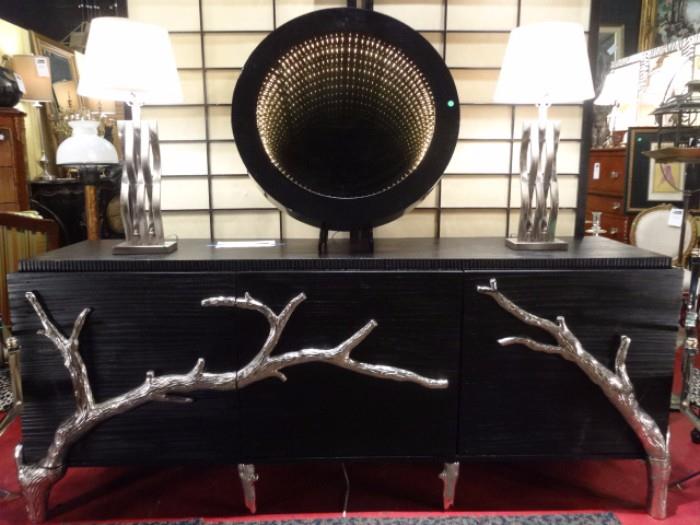 Spectacular modern Global Views console cabinet with polished aluminum branches