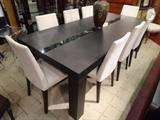 Modern design Saccaro dining table with 8 white upholstered chairs