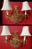 Pair gold gilt wall sconces with crystal drops