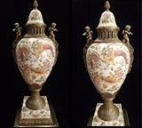 Pair huge bronze and porcelain urns