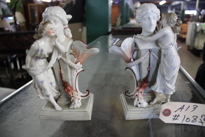2 Antique Meissen KPM Vases/ Lady Looking at White head bust