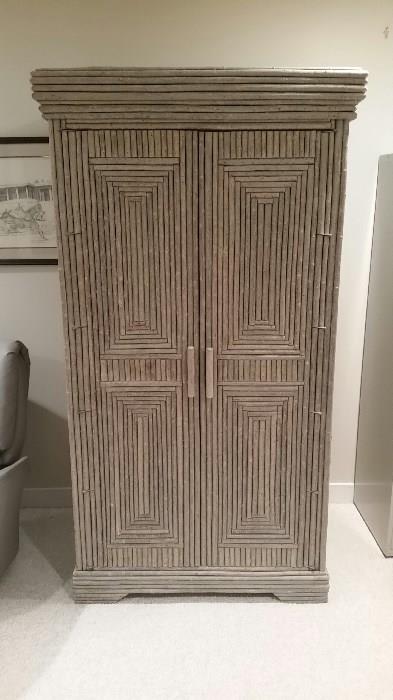 WOOD ARMOIRE, FURNITURE, WOOD PIECES ON FRONT, STORAGE INSIDE