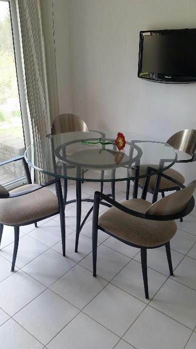GLASS TABLE CHAIRS HAVE STAINLESS STEEL BACKS, FURNITURE, KITCHEN, DINING 48" ACROSS