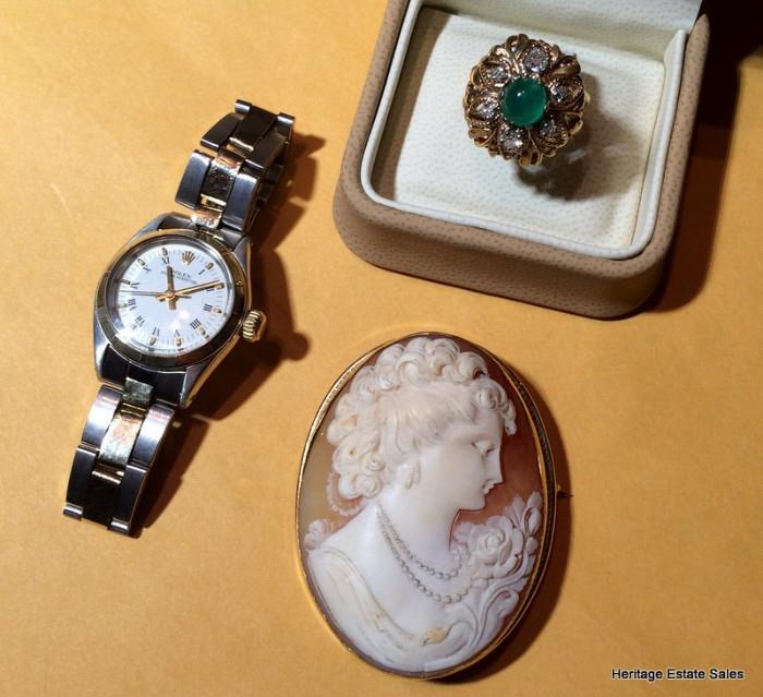 Ladies Rolex, Antique Cameo, Vintage Emerald Ring