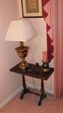 Victorian Style End Table with Dark Finish; Also pictured is a Brass Accent Table Lamp ( one of several accent table lamps available)