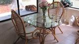 Rattan  & Glass Patio / Porch set - Pedestal Style Table with Glass Top and Rattan Base, Two matching High Back Rattan & Wicker Weave  Chairs with Cushion seats