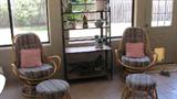 Pair of Matching Rattan Swivel Chairs with Back & Seat Cushions, Matching Ottomans;  Also pictured Wrought Iron Bakers Rack